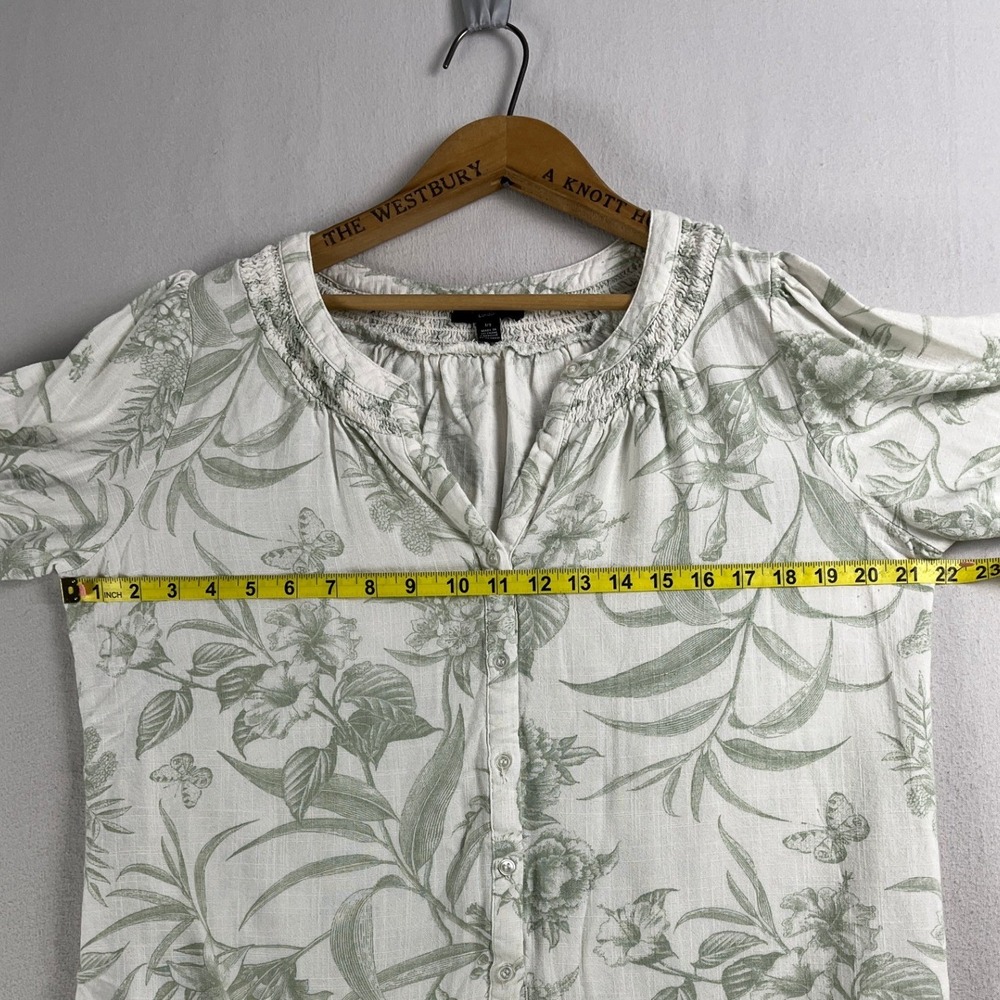 Sage Green Floral Linen Blend Smocked Puff Sleeve Blouse Size Large - Picture 7 of 10